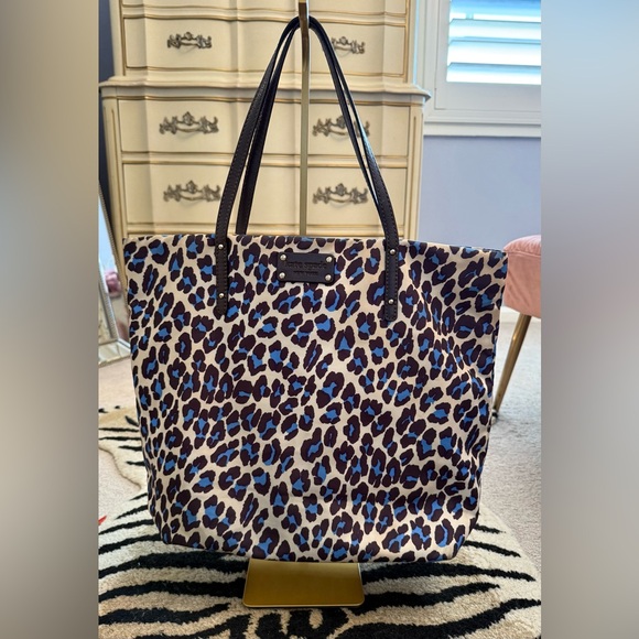 kate spade Handbags - Kate Spade Blue, Black and White Cheetah  Print Tote EUC